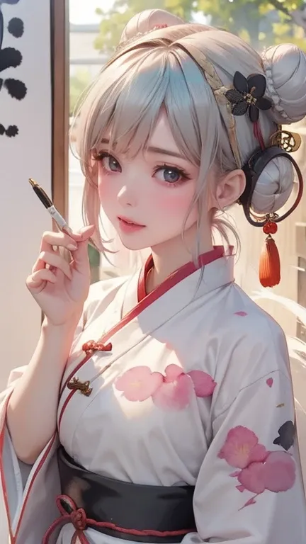 ((masterpiece, ,Highest quality、masterpiece、(The best,4K,【(((samurai hairstyle,short ponytail,)))(((((((Chinese ink painting，watercolor paiting，ancient chinese clothing,female Face,Confident smile,cutecute,cute))))))),(((cat student,Blush patches,V-shaped ...