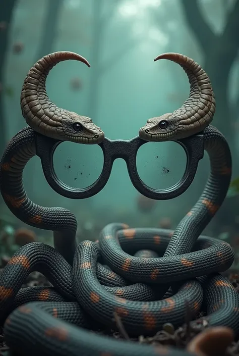 Cobras which are surrounding  huge horn-rimmed glasses