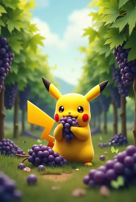 pikachu eating grapes with green and black hearts flying at the back in a grapes farm