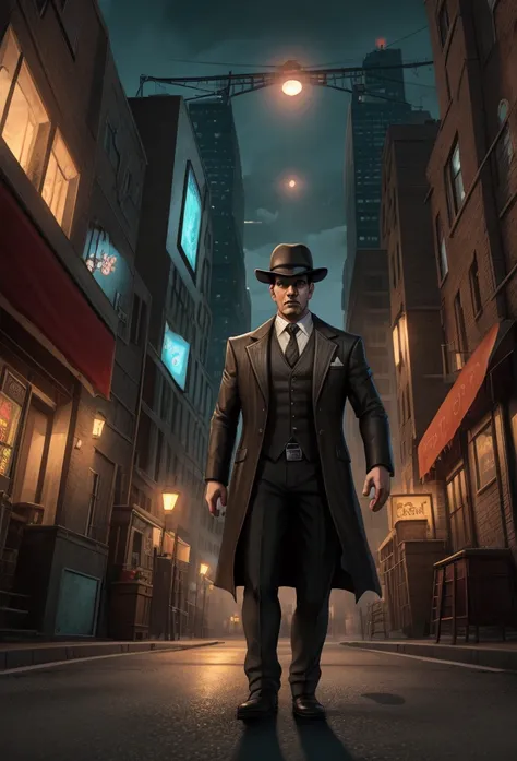 Create a detective and mystery themed video game loading screen in a city 