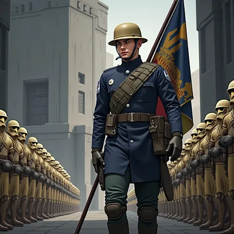 An OC trooper regiment with a totally original design, formed in large rows at their base , with one carrying the flag of where they belong, make a flag design 