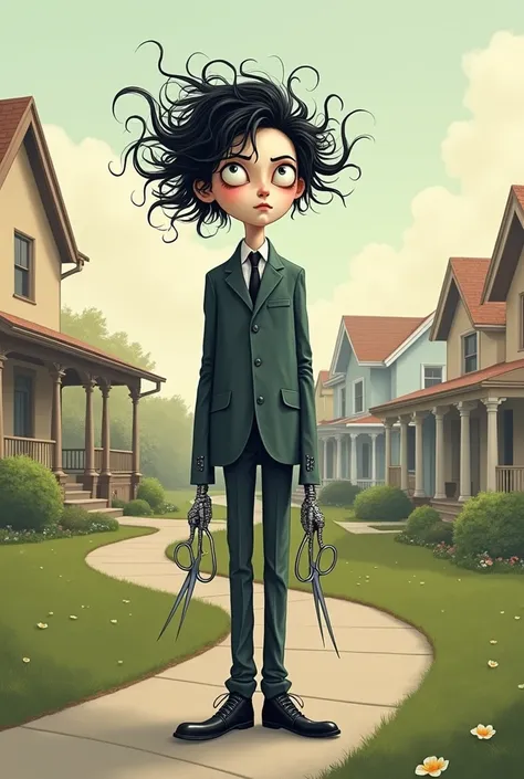 create a cute illustration of the movie Edward Scissorhands in Tim Burton style