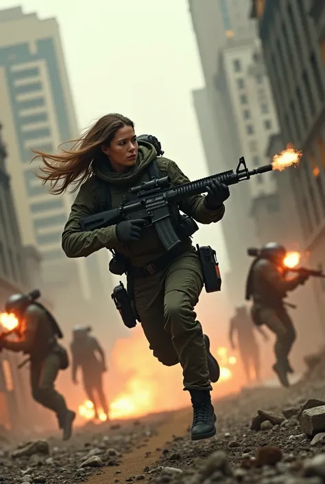 live action cinematic scene female militia soldering parkour wall running jumping parkour alongside allies titanfall mech shooting machine gun enemy drone high speed chase urban war zone plasma laser raw shooting style