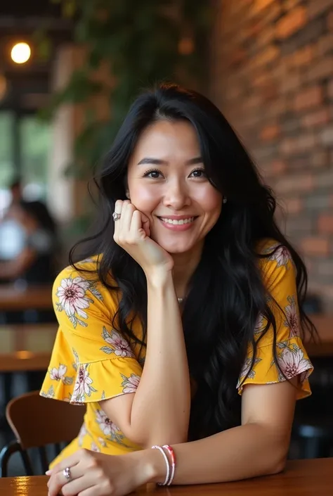 woman, 4 with long black hair, wearing a yellow floral dress, sits at a table in a cafe. She has a gentle smile and her hand rests on her chin as she looks directly at the camera. The lighting is soft and warm, creating a relaxed and inviting atmosphere. T...