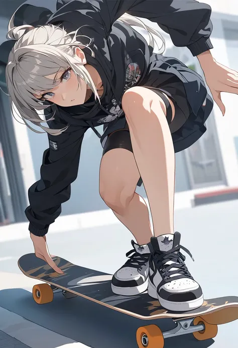 Anime Style, Masterpiece, High image quality, High resolution, girl, Alone, Skateboarding, Grey-haired blonde  