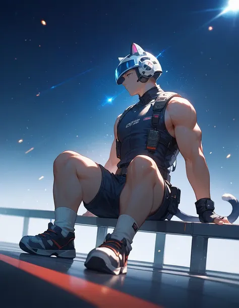 1male,plump,muscular,cat ears,cat tail,full body,future helmet,future racing suit,sleeveless,particles,wide angle lens,belt,Tactical equipment,sitting,legs apart,shorts,profile,from side,white socks,