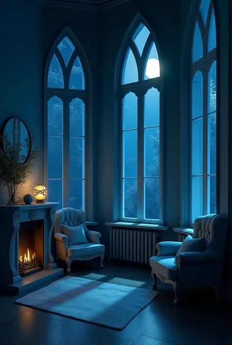 Old room with blue windows and walls at night 

