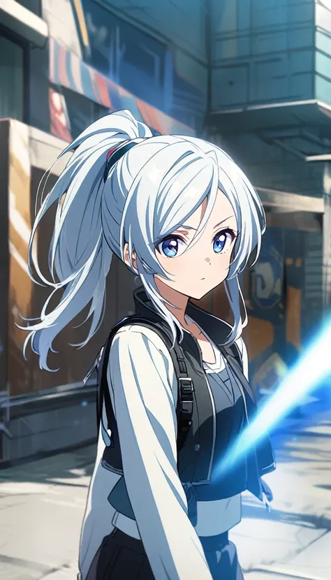 1 girl, long eyelashes, white hair, blue eyes, ponytail, tomboy, sharp gaze, similar to Koyuki Ayase, solo girl, anime girl.