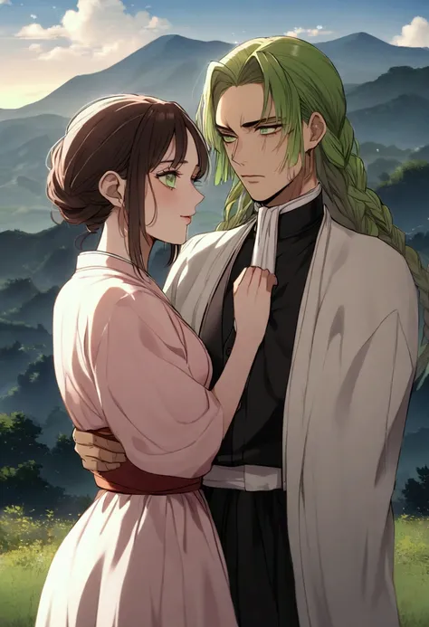 Mitsuri Kanroji female pink and green hair with braids, Kimetsu no Yaiba, Demon Slayer, girl with green eyes, tender look, Eren Jaeguer, Shineki no kyojin, man with dark brown hair, withering look, defined and mature face, tall man, green eyed man, elegant...