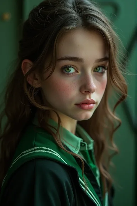 1 girl, with green and seductive eyes, long wavy brown hair, With the Slytherin uniform 