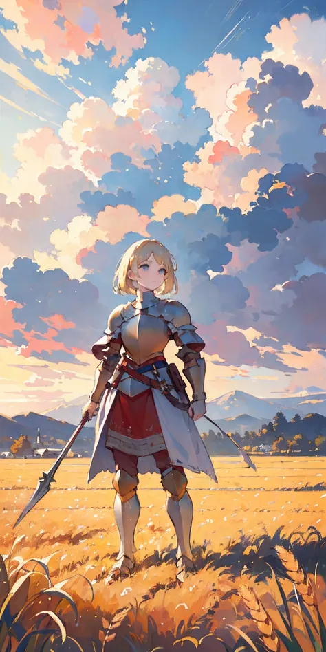 stunning painting of a knight with blonde hair, wheat field, epic clouds ((painterly)) ((impressionist)) vibrant, soft edges (((warm glow))) full body whole body view from below 1sologirl, feet together