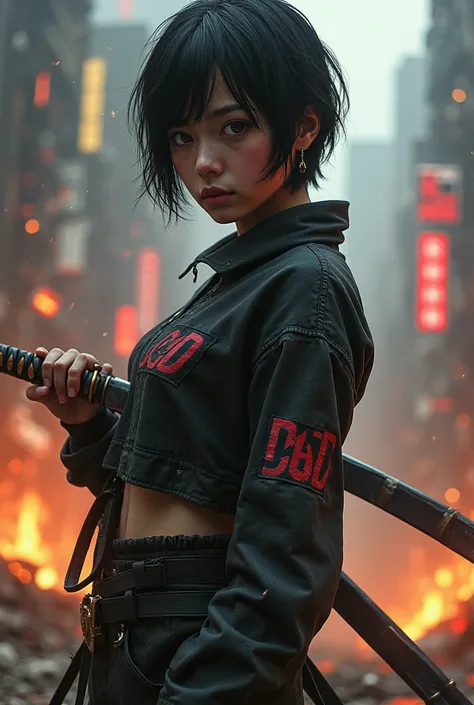  girl with very short black hair, brown eyes, holding a katana, DOD written on her clothes, war background with flames, cyberpunk style