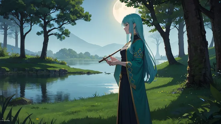 A serene Celtic landscape at dusk, with a glowing full moon over a tranquil lake surrounded by ancient trees. A woman in traditional Celtic attire stands near the lake, softly playing a golden harp. The background features mist rolling over the water, crea...