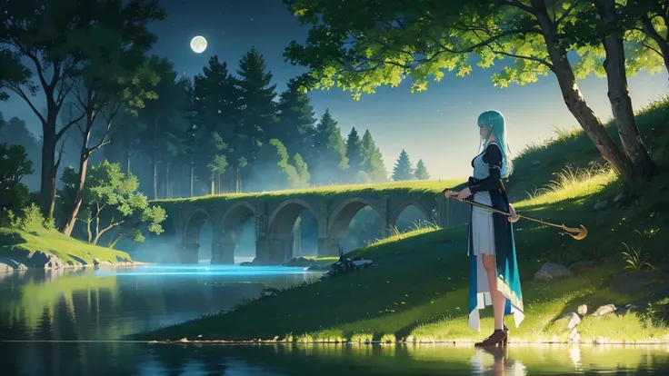 A serene Celtic landscape at dusk, with a glowing full moon over a tranquil lake surrounded by ancient trees. A woman in traditional Celtic attire stands near the lake, softly playing a golden harp. The background features mist rolling over the water, crea...