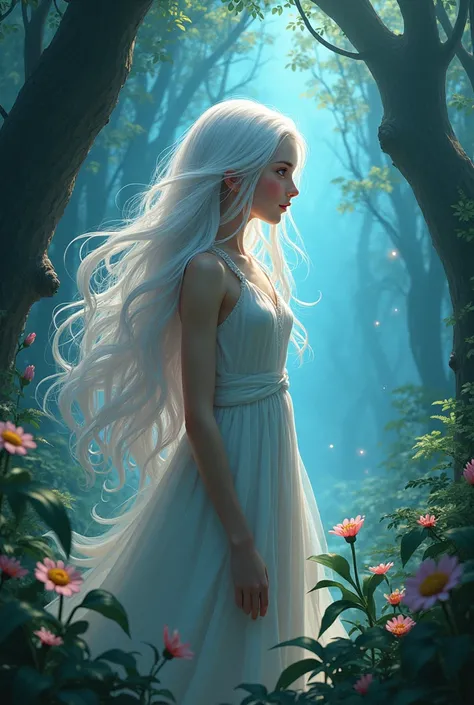 In a world of magic and fantasy, a 1 girl named "Karia" has long, flowing white hair that glimmers like ice and striking red-pink eyes that shine like stars in the dark. Karia lives in a small village hidden deep within an enchanted forest, where she posse...