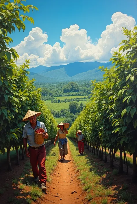 In a hyperrealistic painting of a Nicaraguan coffee plantation, peasants with baskets and sacks are cutting coffee in Los Surcos