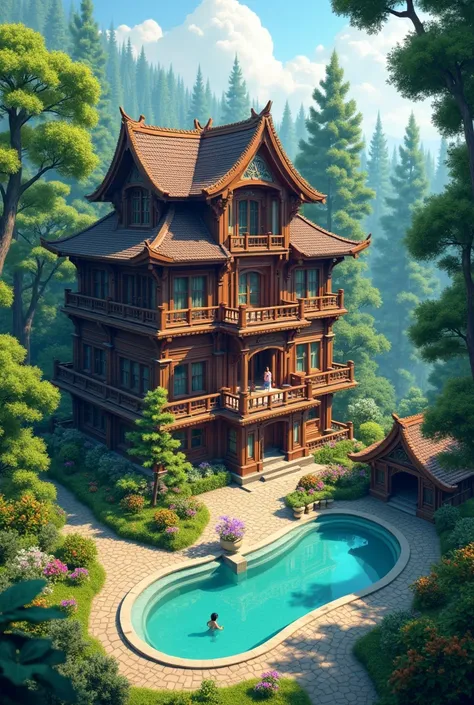 Wooden mansion, Located in the forest of trees, There is a flower garden around the mansion., On the right side there is a hot spring., On the left side there are fruit trees., Manga drawing style, realistic 2.5D