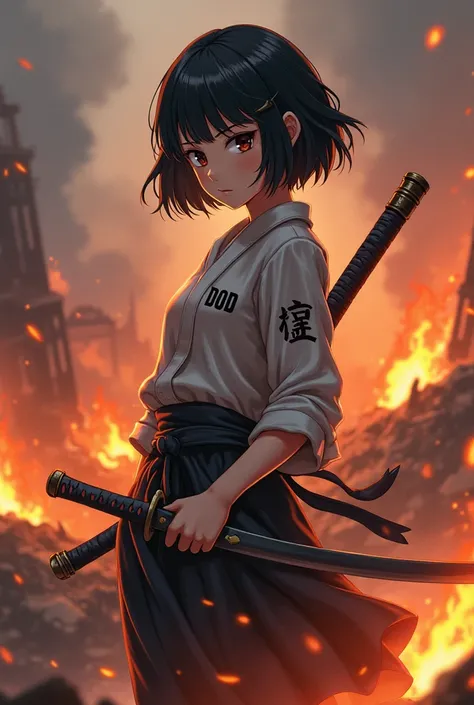  girl with very short black hair, brown eyes, holding a katana, DOD written on her clothes, war background with flames, anime style