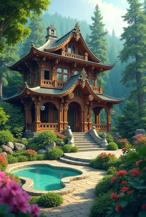 Wooden mansion, Located in the forest of trees, There is a flower garden around the mansion., On the right side there is a hot spring., On the left side there are fruit trees., Manga drawing style, realistic 2.5D