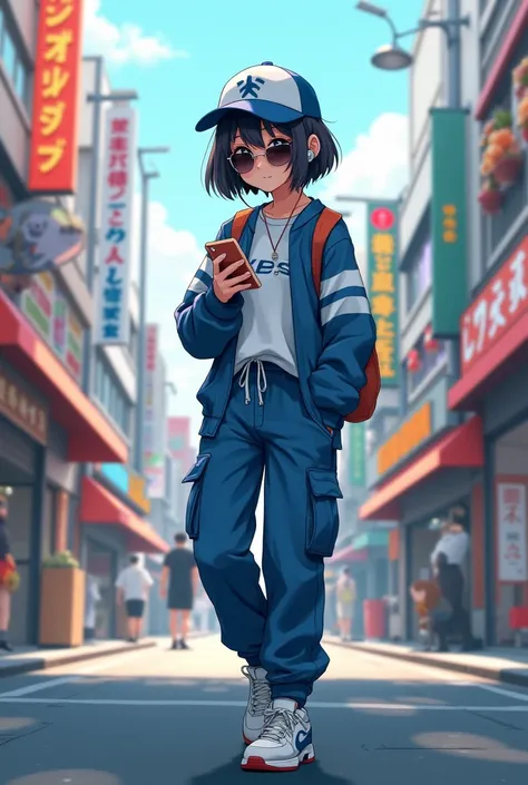 Girl short hair collected black color,He wears a blue and white cap, Wear cargo pants, sweatshirt, both blue and white, white tennis shoes, sunglasses, wear headphones,He walks down a Japanese street using his cell phone 