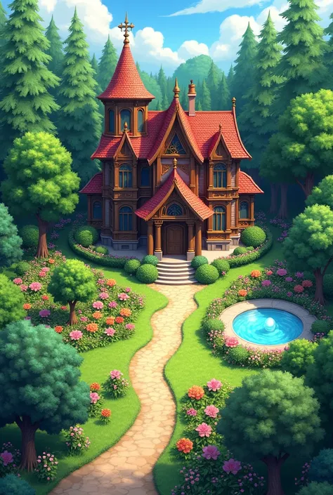 European wooden mansion, Located in the forest of trees, There is a flower garden around the mansion., On the right side there is a hot spring., On the left side there are fruit trees., Manga drawing style, realistic 2.5D