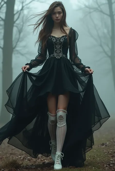 Full body shot, View from below, You can see real bloomers made from cotton fabric, Long flowing hair, Medieval black translucent long dress with panniers, layered asymmetrical hi lo long transparent dress), (ornate trim), White laced stockings with garter...