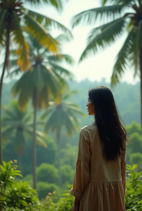 Photorealistic Beutiful Muslim girl from behind looking at coconut trees in kerala