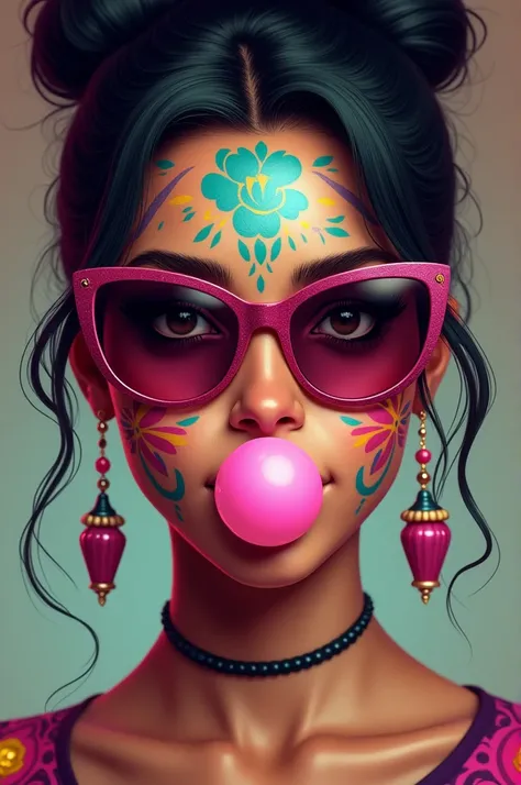 Sexy chicano face painted woman smiling with sunglasses and blowing bubble gum