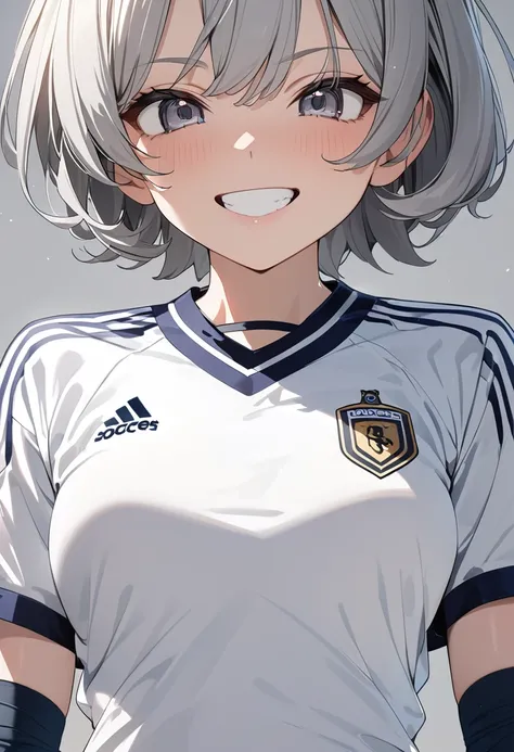 (Gray background:1.5, Close-up shot:1), (anime:1.4), (Best Quality:1.0), (Ultra-high resolution:1.0), 8k, RAW Photos, (masterpiece:0.2), One girl, Beautiful Skin, Detailed skin, Big smile, teeth, (Short Hair:1), (Soccer uniforms:1.2)