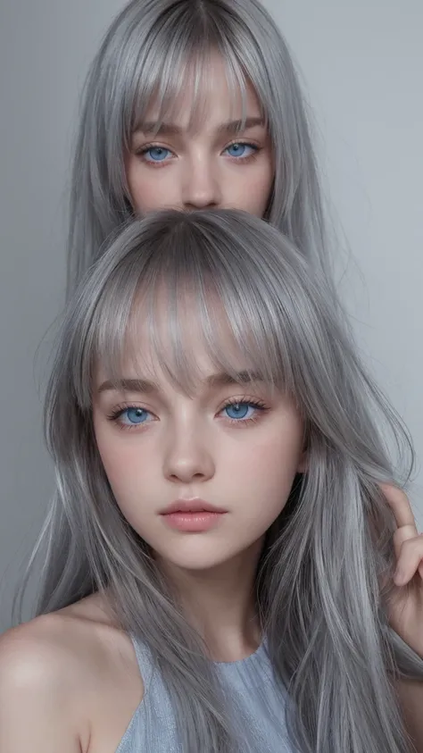 a girl. european. extremely detailed face. delicate features. half-closed eyes. blue eyes. long straight hair, bangs, messy hair. silver hair. emotionless. shy