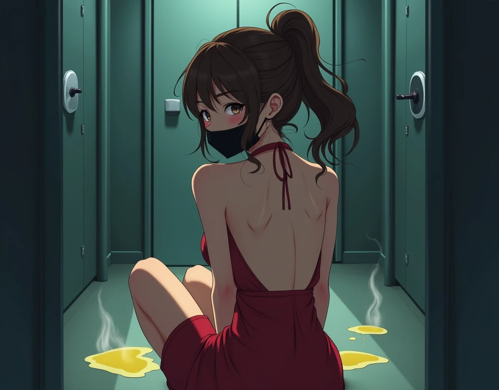 beautiful, anime drawing, woman, wearing black surgical mask, brown hair, 
squatting down, updo, red halter top, detailed, nighttime, jeans, lights off,
puddle of steaming yellow liquid nearby, (restroom with toilets), blushing,
back view, looking back, ba...