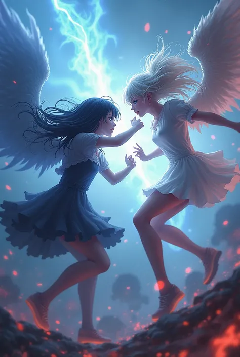 Demon Girl with long white and blue hair fights against an Angel Girl with short black hair