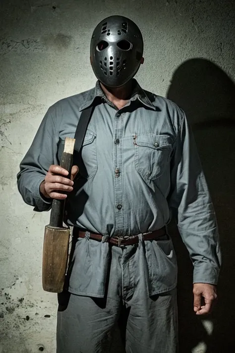 This image shows a character wearing a hockey mask and holding a large machete. He is dressed in a dark gray, button-up work shirt and light gray, weathered pants. The figure has a menacing stance, with his machete raised slightly at his side, as if ready ...