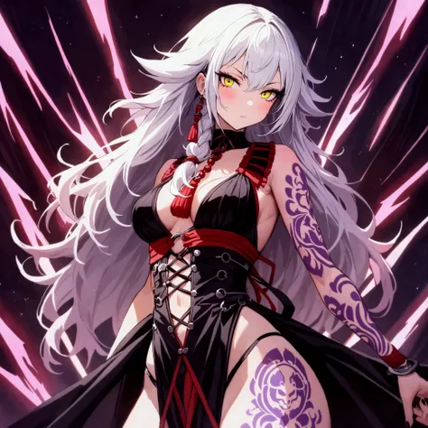 a cute yuna (evil sith master, long white hair, extensive evil violet tattoos, bright citrine eyes, sexy black outfit, no light saber) evil expression, wild hair, lightning dances on her right arm, inside starship