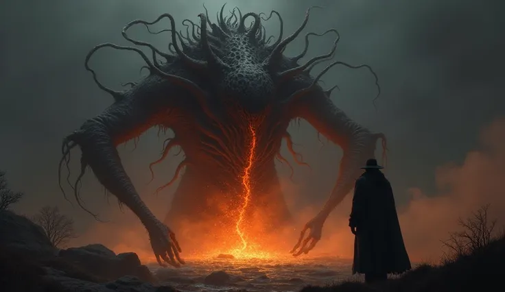 a dark, menacing figure with several elongated limbs and tentacle-like extensions. The central figure appears to be a creature with glowing orange cracks or markings., suggesting an internal fire or energy. The background is dark and hazy, increasing the t...