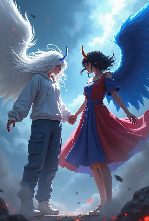 Demon Girl Long White and Blue Hair, Wears cargo pants and a sweatshirt, both blue and white, fighting against an Angel Girl with short black hair, She wears a beautiful red and blue dress