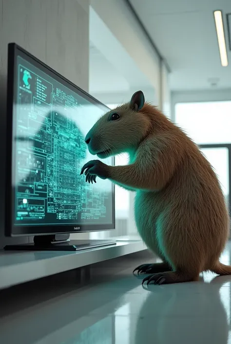 A capybara repairing a state-of-the-art TV 
