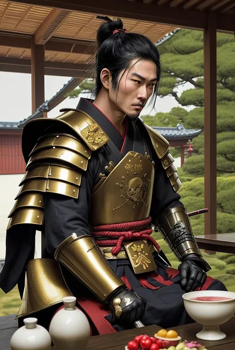 A samurai in golden armor with a katana was sitting in a gazebo near an old house , he was waiting for his evil spirit to call him into battle , his black hair was fluttering in the wind , the hostess of the house, a woman in a kimono , brought him treats,...