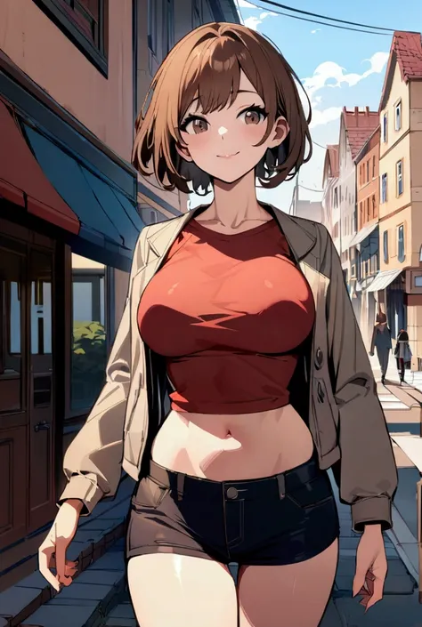 Masterpiece, ultra detailed, best quality, illustrations, detailed Beautiful anime girl, detailed afternoon street scenery, walking, brown hair, short hair, detailed beautiful face, detailed brown eyes, detailed sweet look, detailed sweet smile, detailed b...