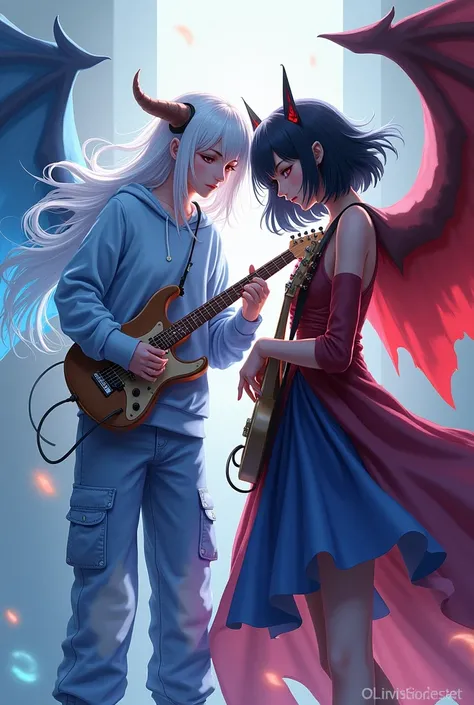 Demon Girl Long White and Blue Hair, Wears cargo pants and a sweatshirt, both blue and white, and an Angel Girl with short black hair, She wears a beautiful crimson red and blue dress, Making Music