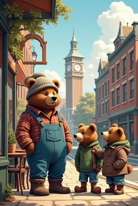 Bear:
"A bear dressed in a flannel shirt, blue overalls, and hiking boots, with a beanie hat on its head. The bear is standing in front of a cozy café on a city street. On the right, two more bears are talking—one wearing a green hoodie and cargo shorts, a...