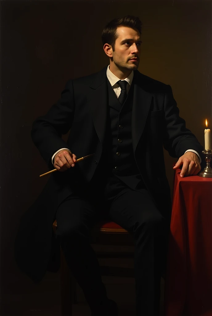 masterpiece,  realistic, baroque style, Man in black suit, Saturnino sir, Painting, sitting, looking ahead, his brush in his hand, and its frame to one side, illuminated by a candle, dark background, high contrast, Caravaggio,