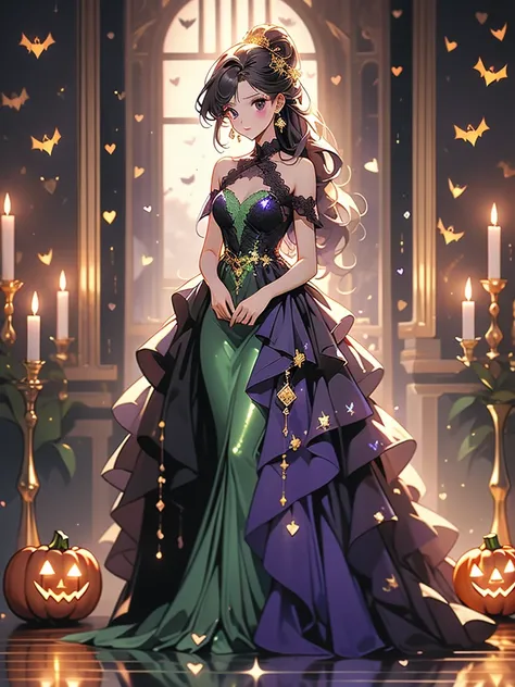 High image quality　Advanced Defrost　8k　Small breasts　Halloween Dresses　black　Purple　green　gold　Dress with lots of lace　Girl wearing　Shiny long hair　Sparkling and Shining　Stand in full body　When I opened the front door　Holding a heart-shaped candle　In the H...