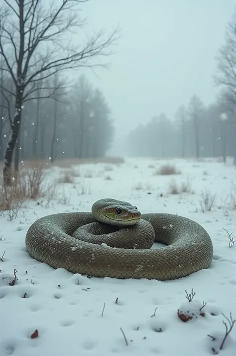 He saw a snake lying on the ground, frozen due to the cold.