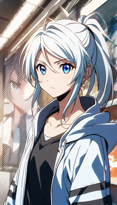 1 girl, long eyelashes, white hair, blue eyes, ponytail, short hair, tomboy, sharp gaze, similar to Koyuki Ayase, solo girl, anime girl.