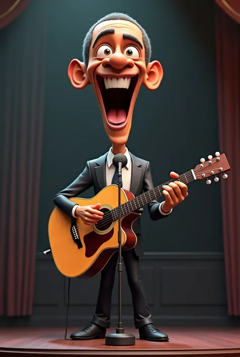 3d face caricature, Barack Obama standing on behind microphone while playing acoustic guitar, dingin with his big mouth on the stage