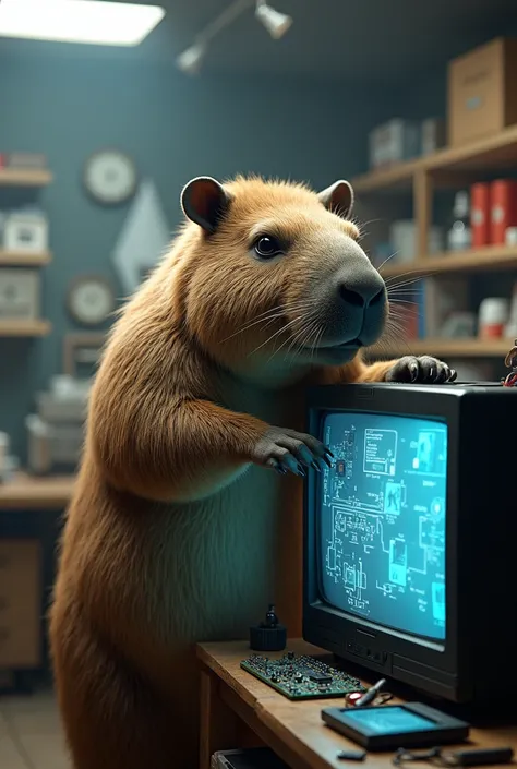 A human-shaped capybara repairing the latest generation of televisions 
