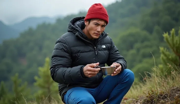 Realistic human photo,A handsome Indonesian man named Yudis with straight hair, wearing a red beanie, a plain black winter jacket, blue hiking pants,  he is eating from  hiking alumunium cook equipment, background wild forest at salak mounth Bogor, Real hu...