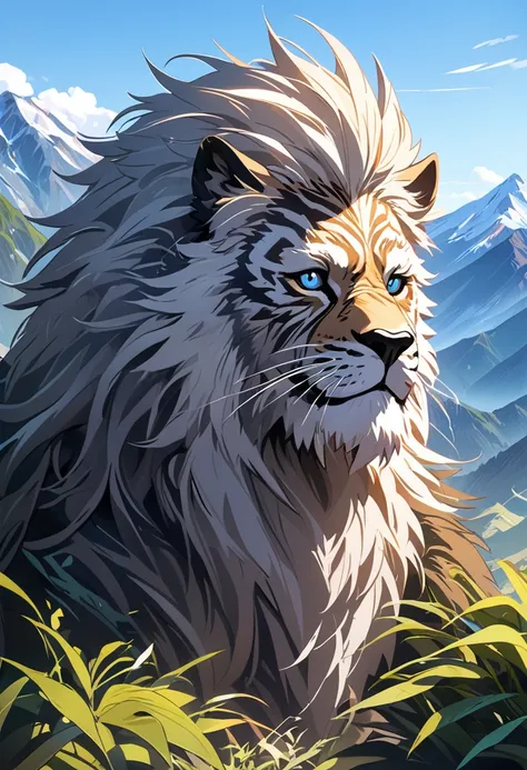 8K, best quality, masterpiece,Super Detail, Highly detailed,beautifully detailed eyes,highest quality,super detailed,detailed face,mountain,1 old man,mane,plants