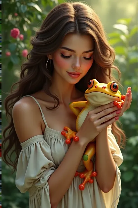  brunette hugging a frog